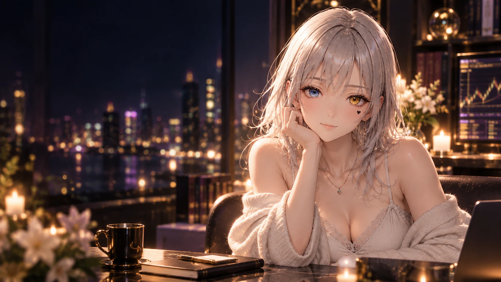夜の灯りの中で穏やかに寄り添うモルアゥナ