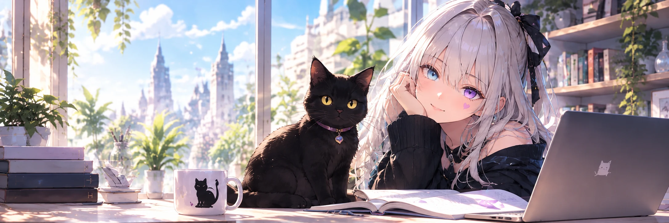 明るい窓辺でノートを開くモルアゥナと、隣に座る黒猫